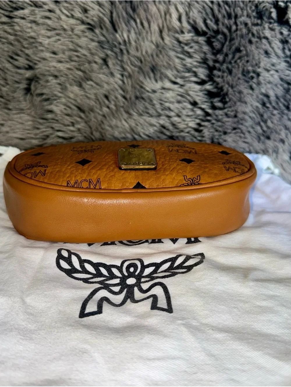MCM Visetos Cognac Oval Crossbody Belt Bag w/ Dust Bag